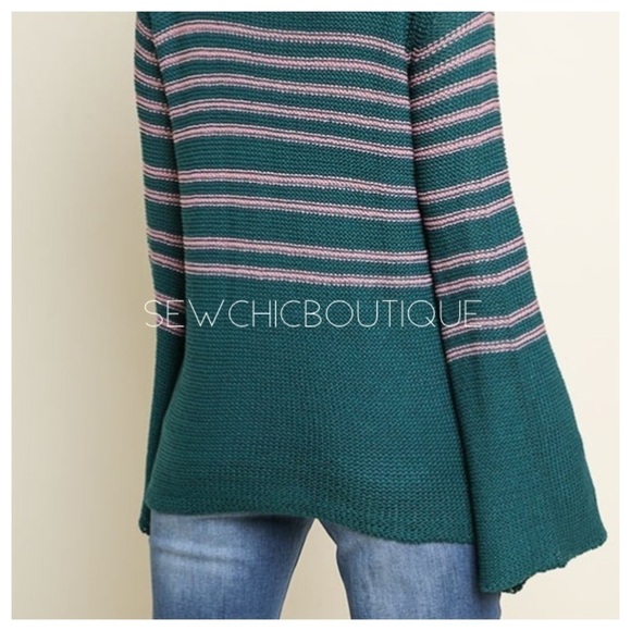 Green Long Bell Sleeve Striped Knit Sweater - Picture 4 of 6